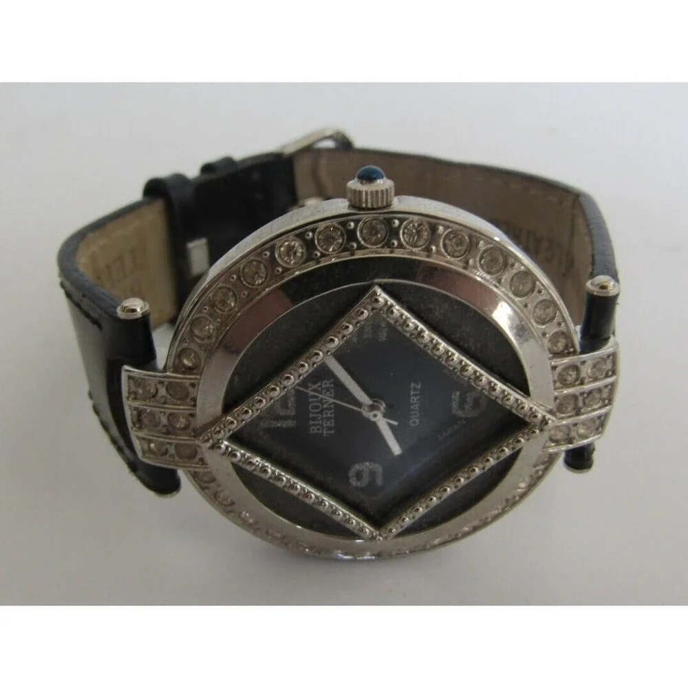 Bijoux Terner Watch Vintage Black Leather Band Quartz Japan Movement Stainless